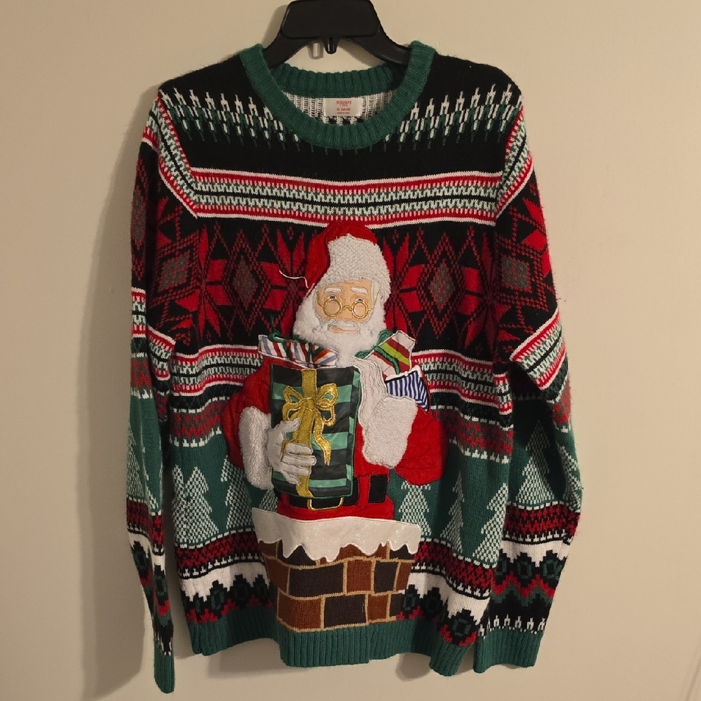Holiday Time Green and Red Santa Sweater